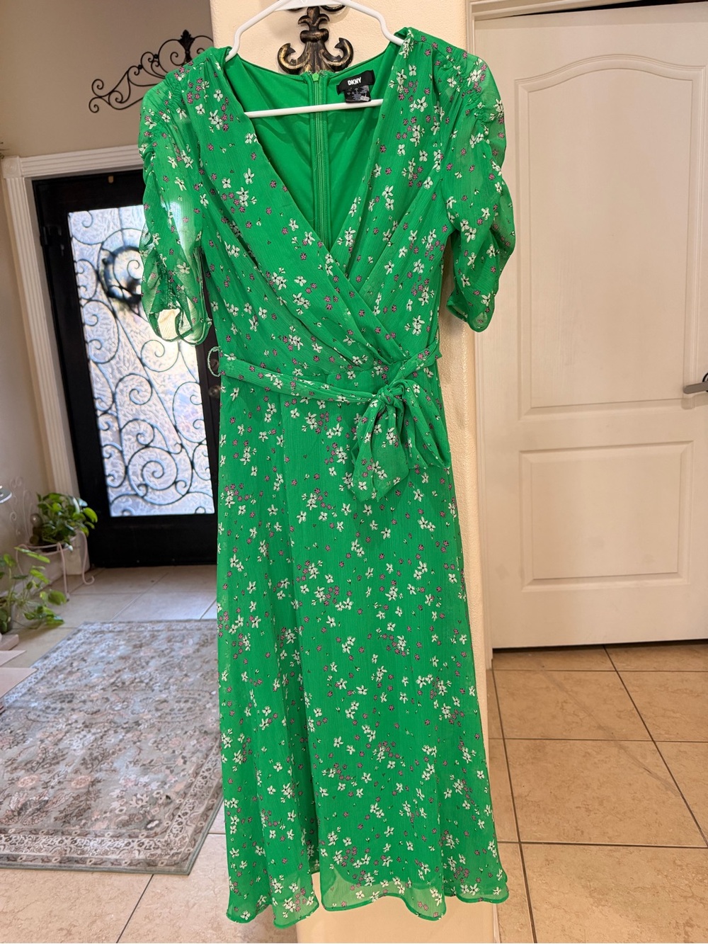 DKNY Bright Green Floral Wrap Midi Dress